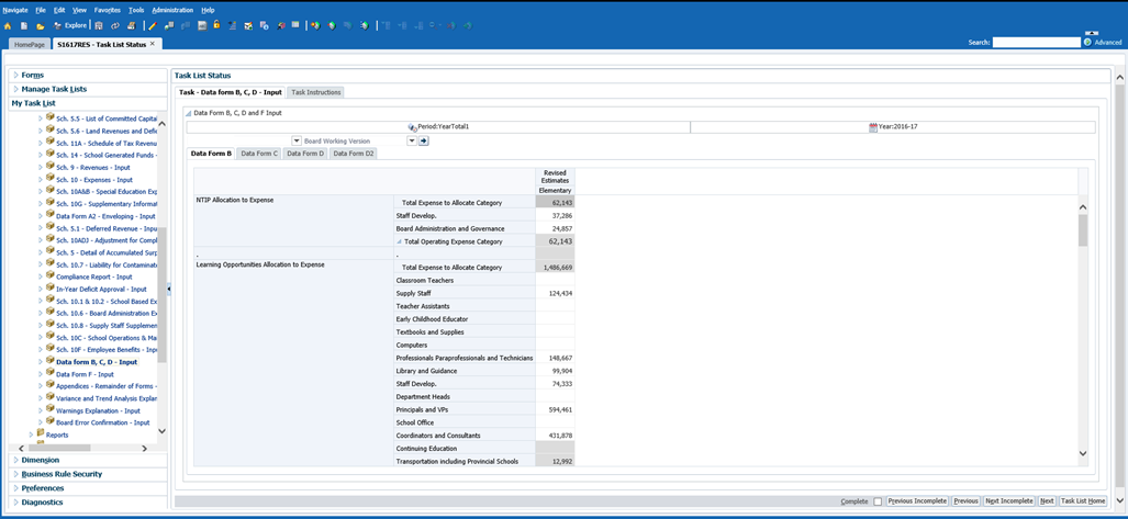 Example of Data Form B, C, D input form